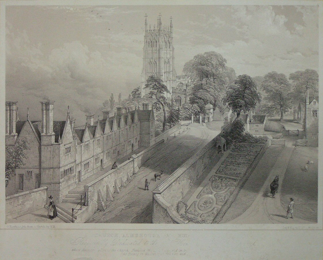 Lithograph - Church, Almshouse and Ruins - Hawkins